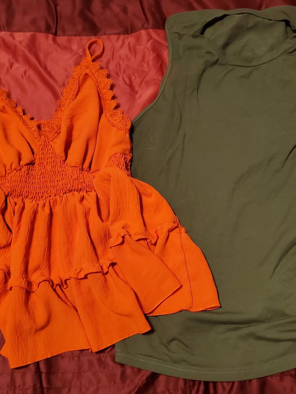 Boho Summer Tank Bundle - Orange Ruffle Cami & Olive Mock Neck - Size XL